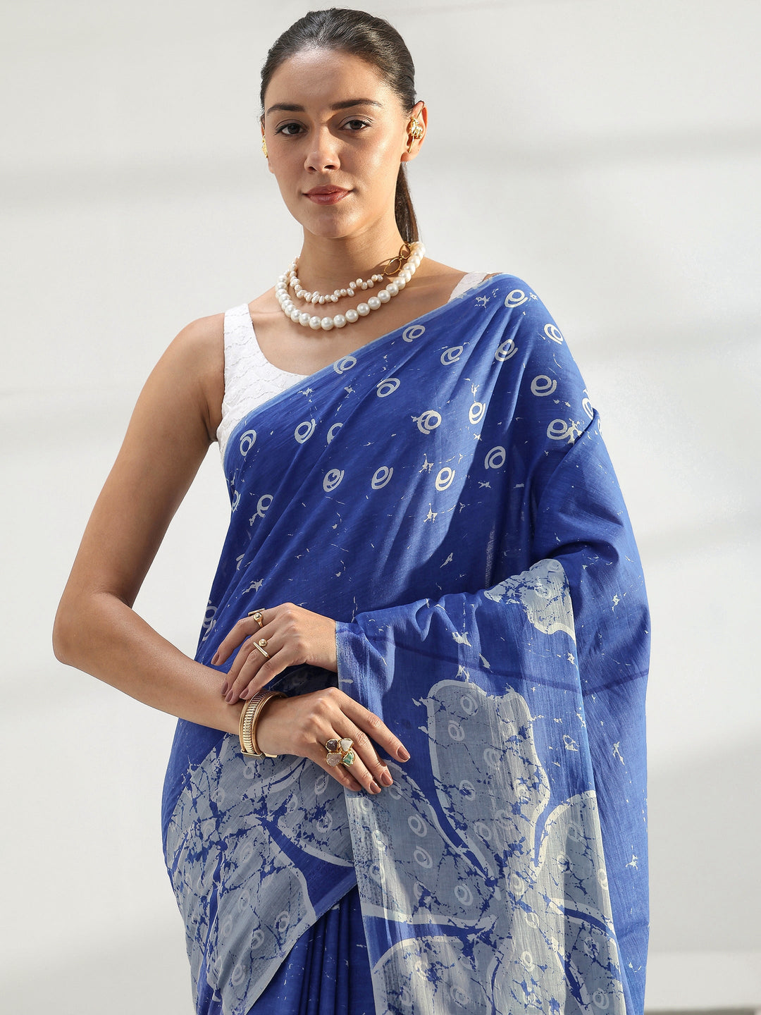 Blue Floral Printed Cotton Saree