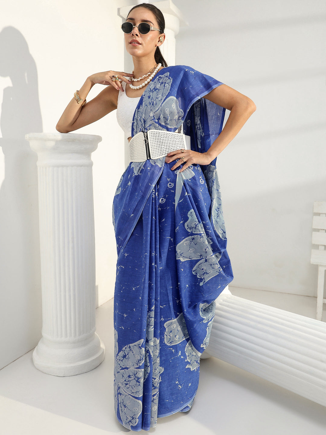 Blue Floral Printed Cotton Saree