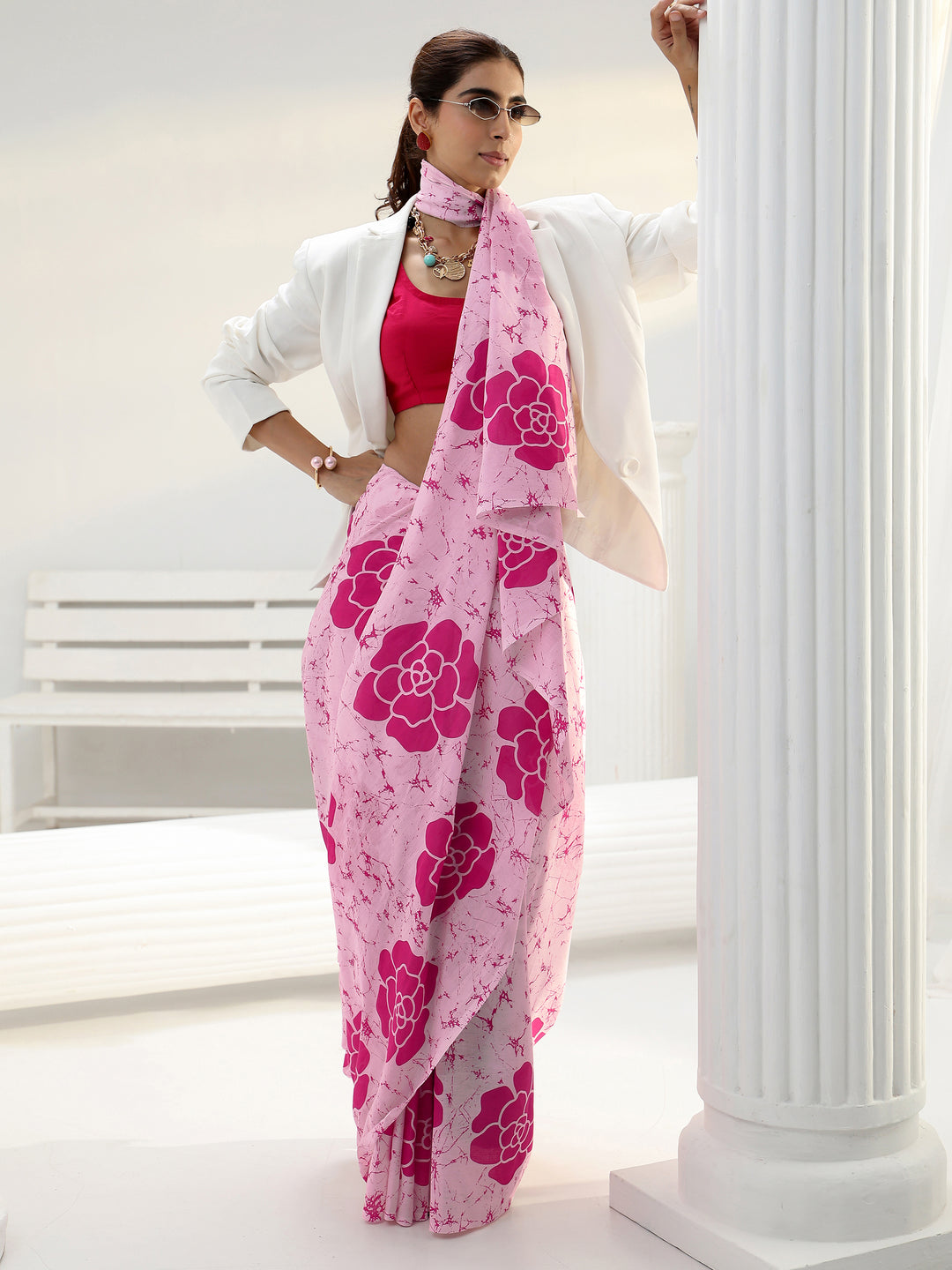 Pink Rose Batik Print Cotton Saree