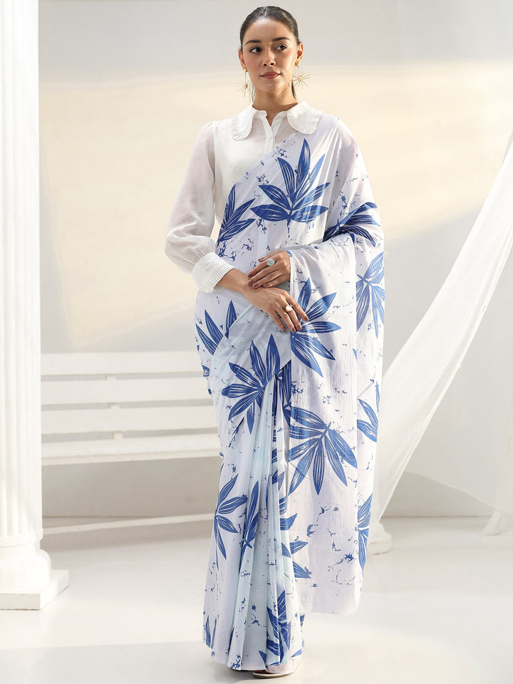 White Floral Printed Cotton saree
