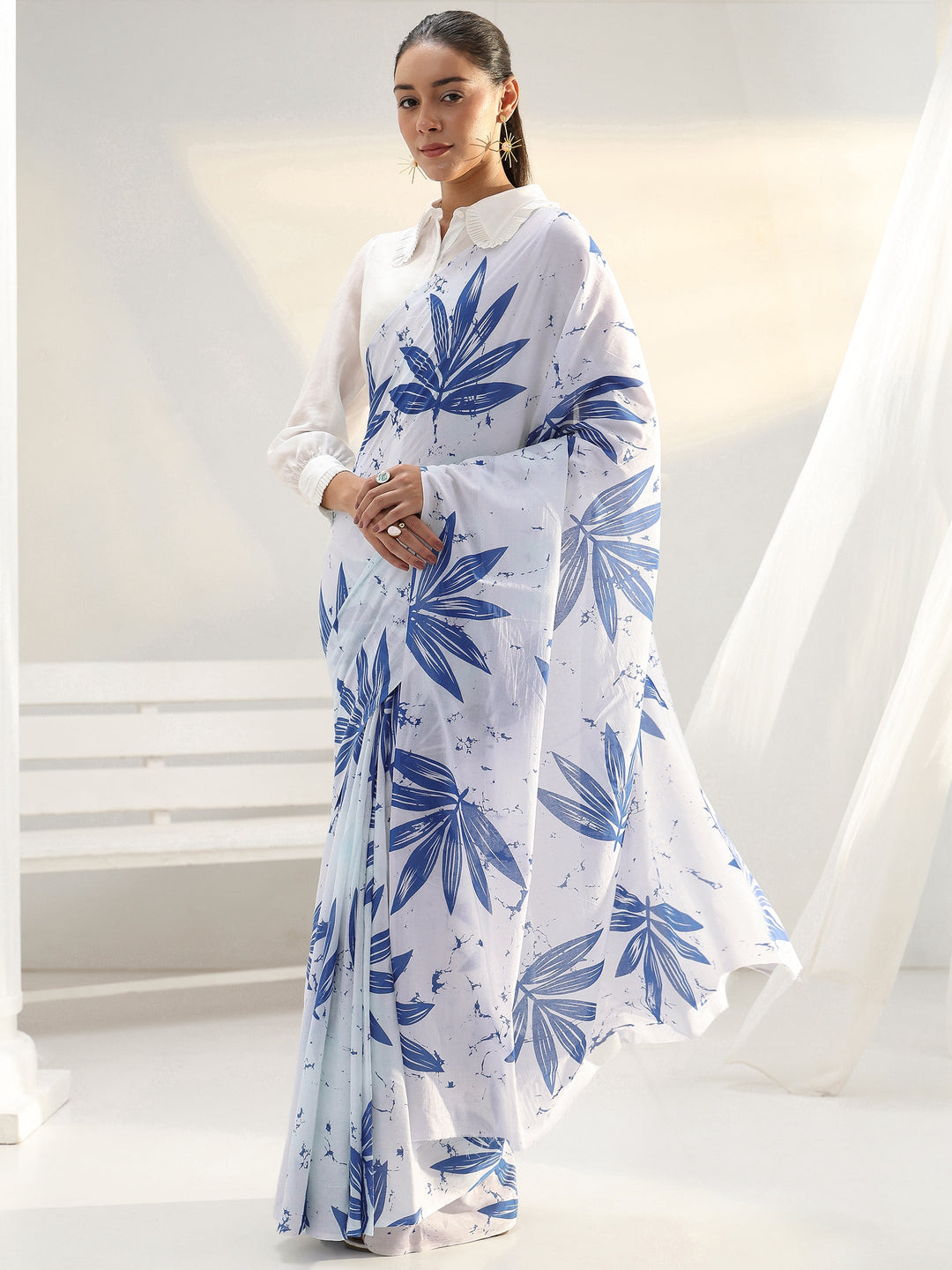 White Floral Printed Cotton saree
