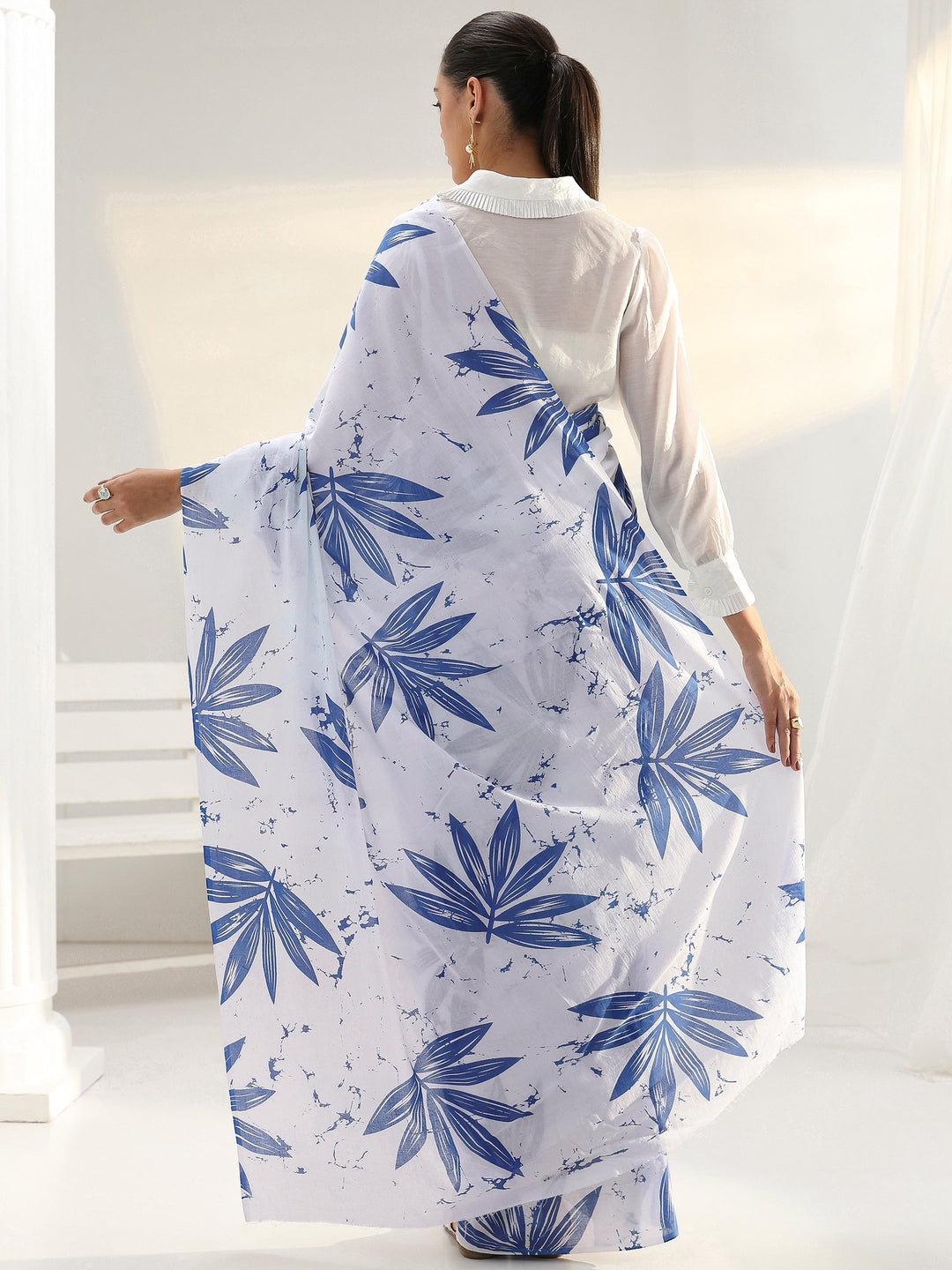 White Floral Printed Cotton saree