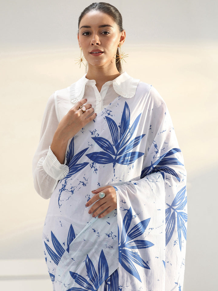 White Floral Printed Cotton saree