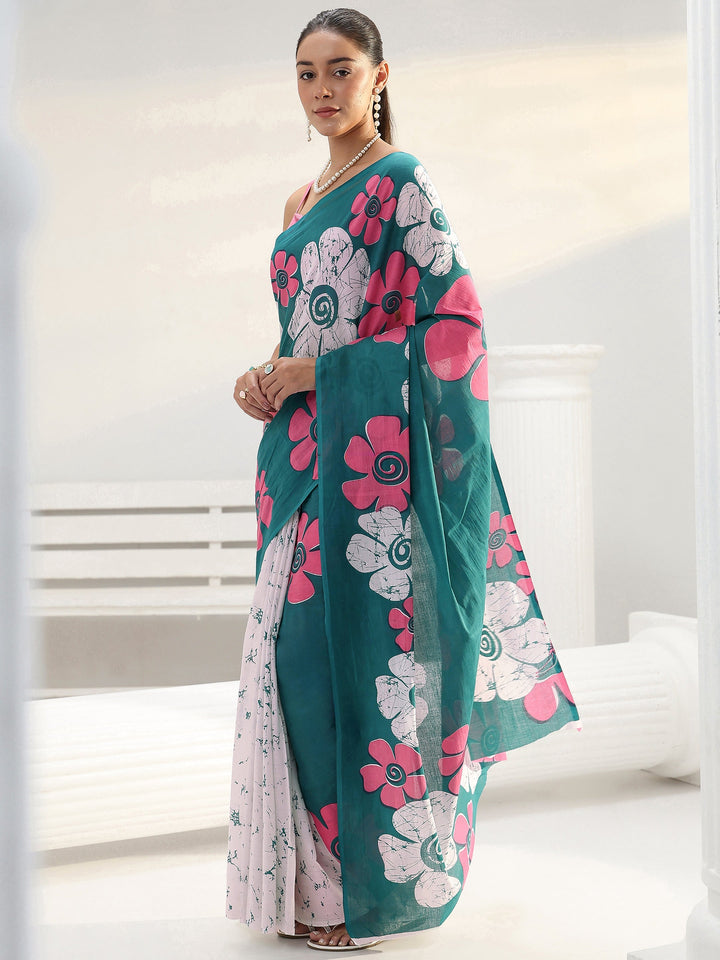 Green Floral Printed Cotton saree