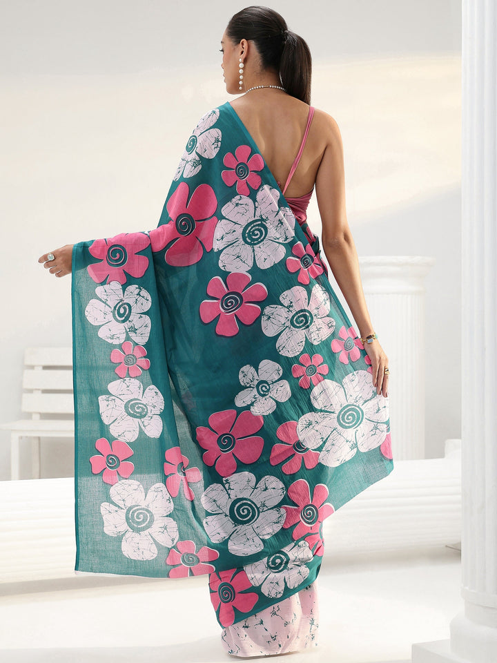 Green Floral Printed Cotton saree