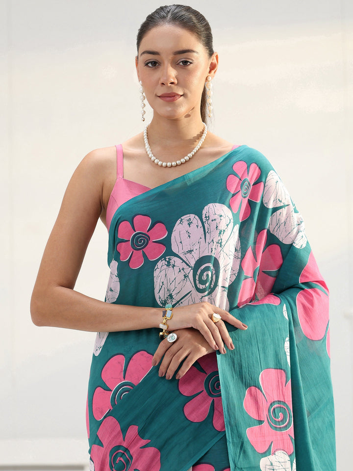 Green Floral Printed Cotton saree