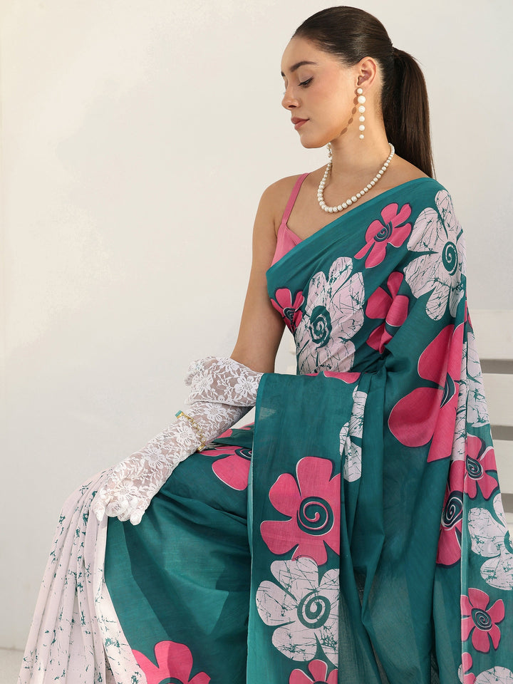 Green Floral Printed Cotton saree