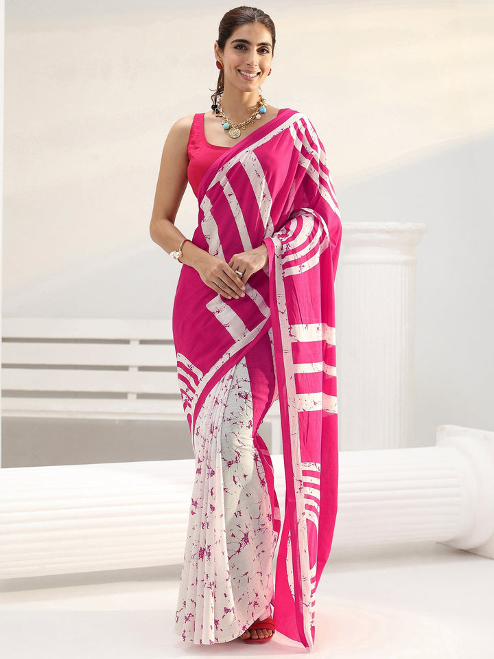 Pink Abstract Printed Cotton Saree