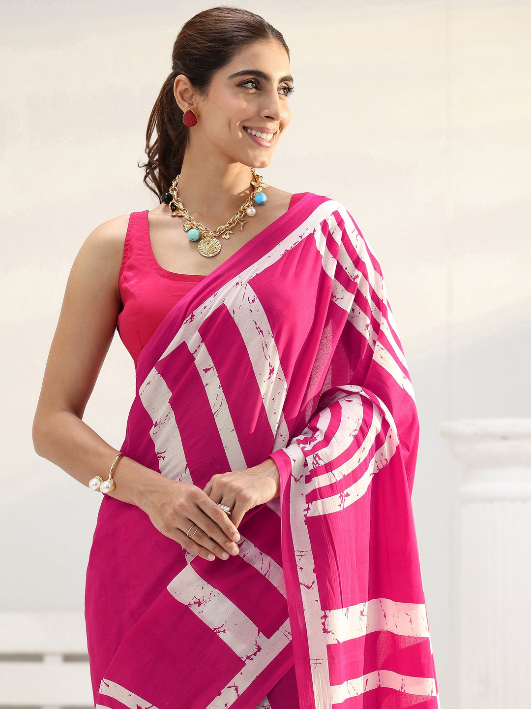 Pink Abstract Printed Cotton Saree