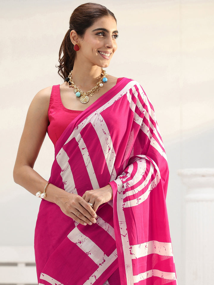 Pink Abstract Printed Cotton Saree