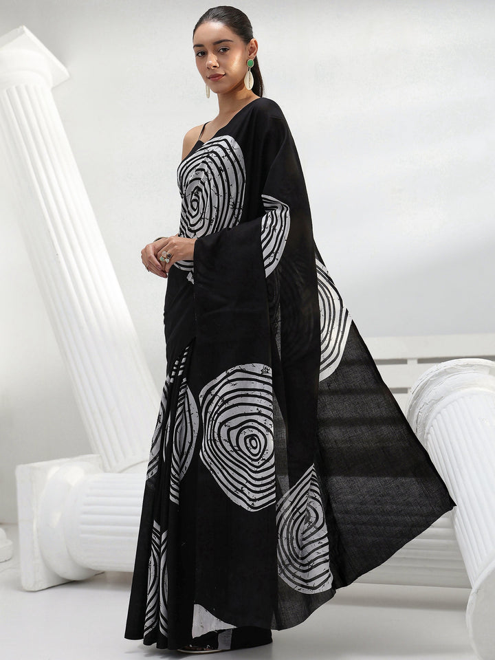 Black Abstract Printed Cotton Saree
