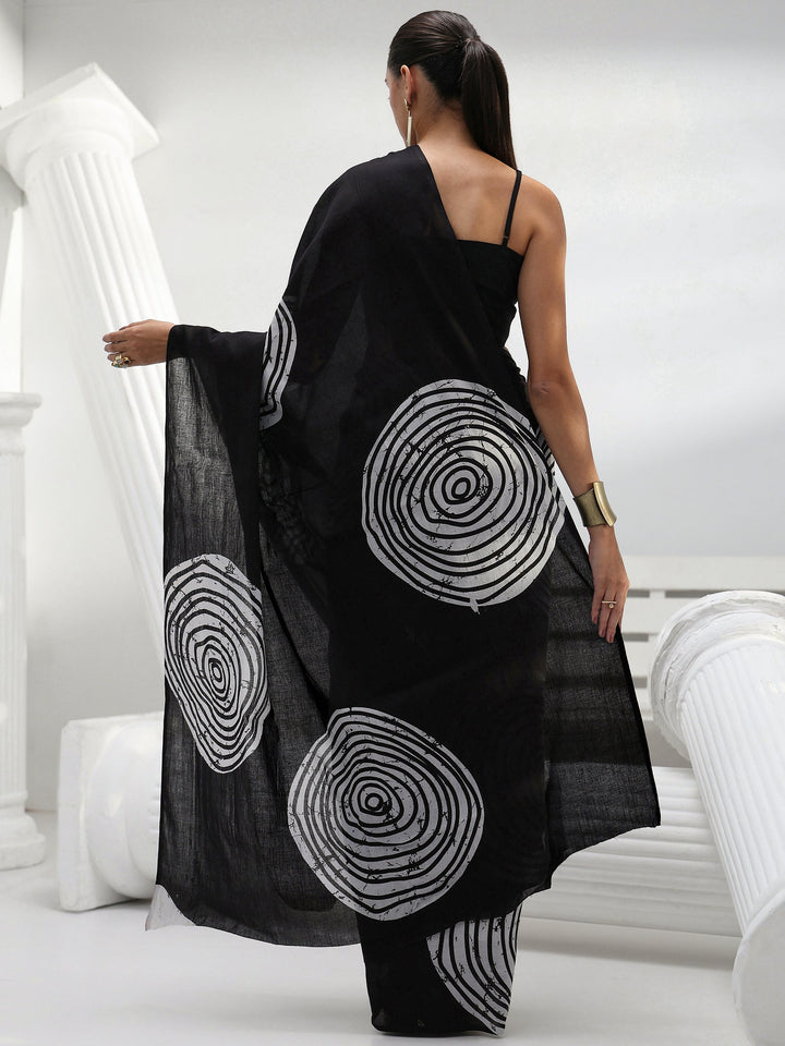 Black Abstract Printed Cotton Saree