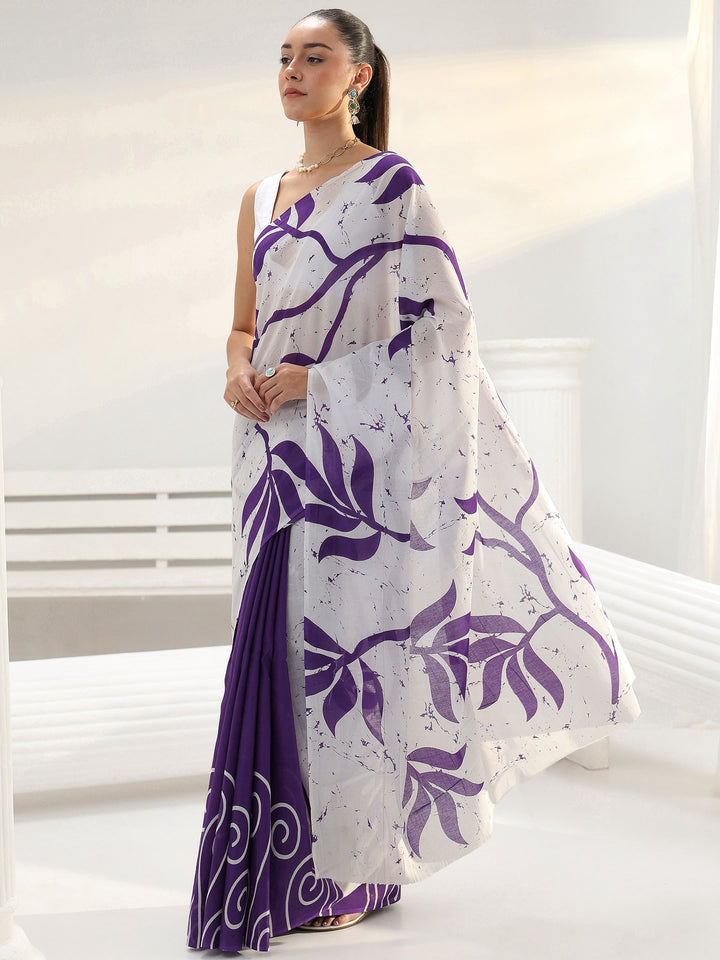 Purple Floral Printed Cotton Saree
