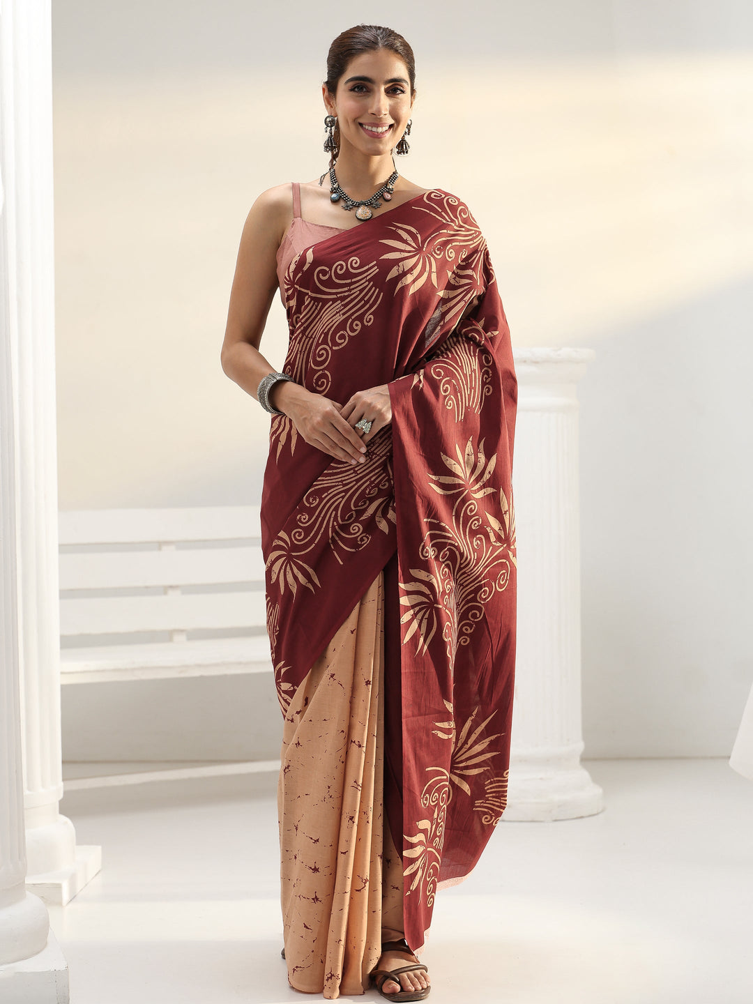 Brown Floral Printed Cotton Saree
