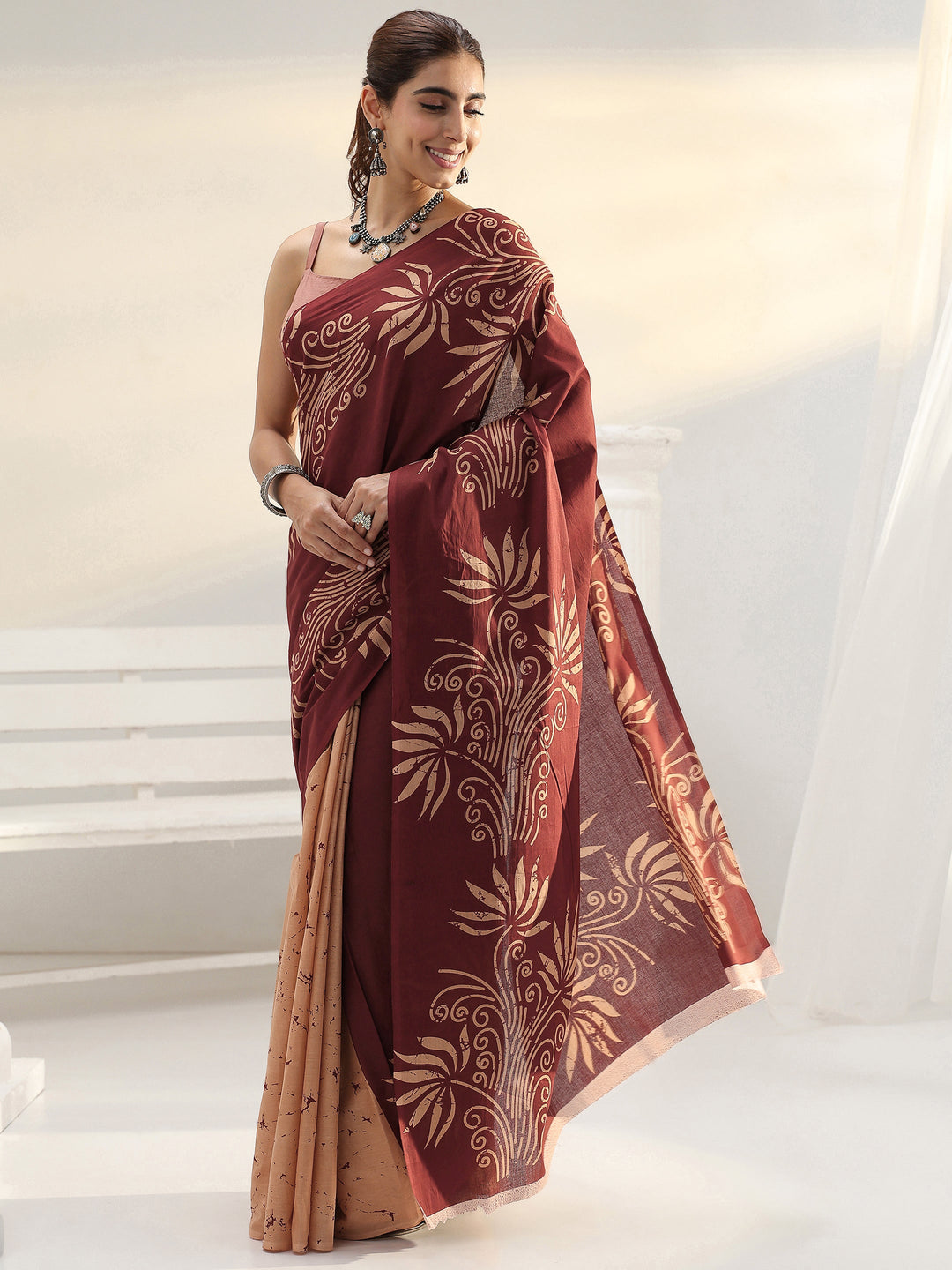 Brown Floral Printed Cotton Saree