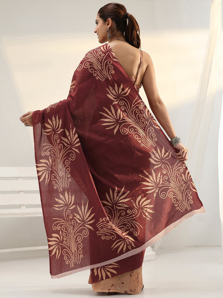 Brown Floral Printed Cotton Saree
