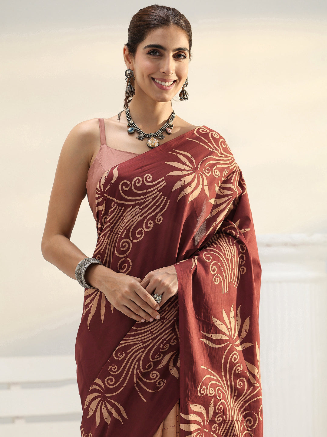 Brown Floral Printed Cotton Saree