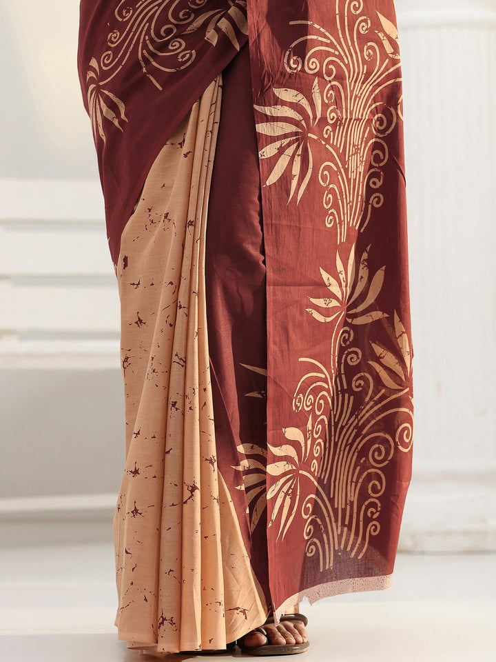 Brown Floral Printed Cotton Saree