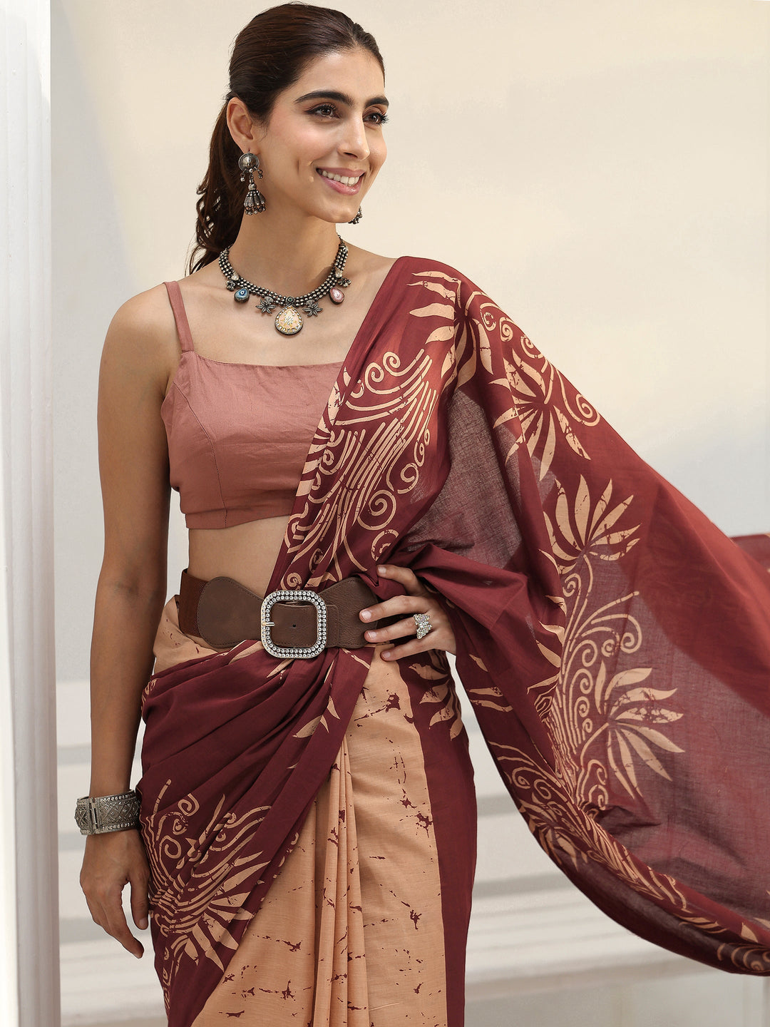 Brown Floral Printed Cotton Saree