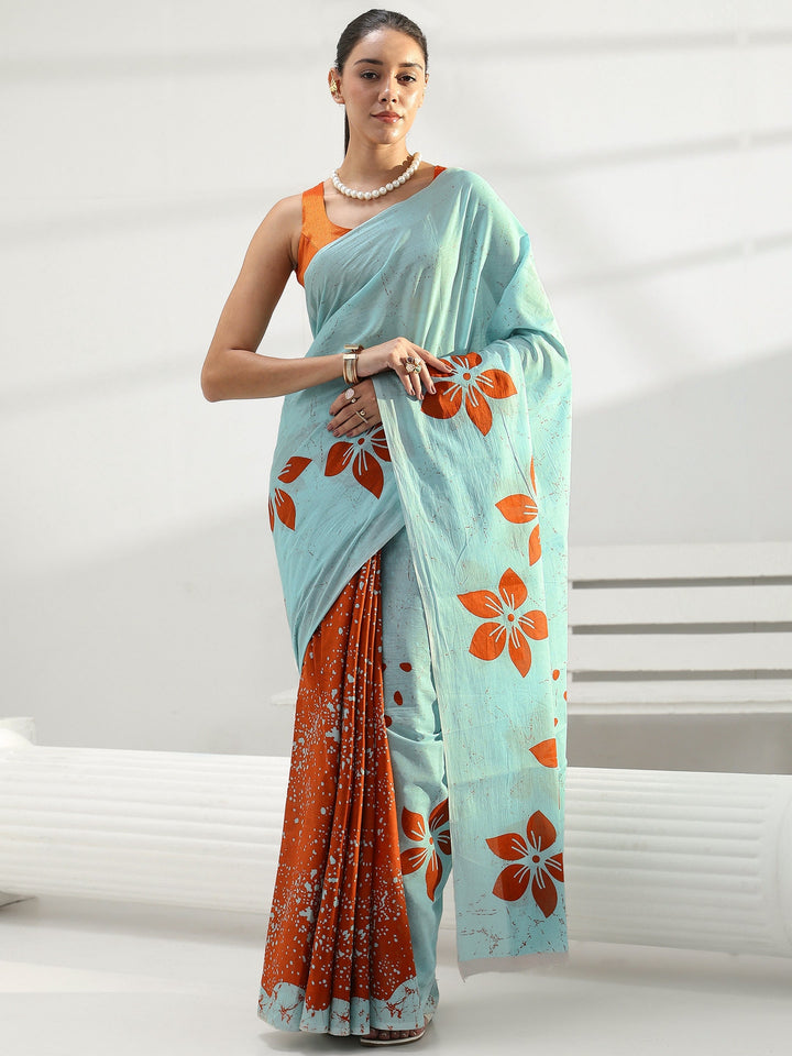 Blue Floral Printed Cotton Saree