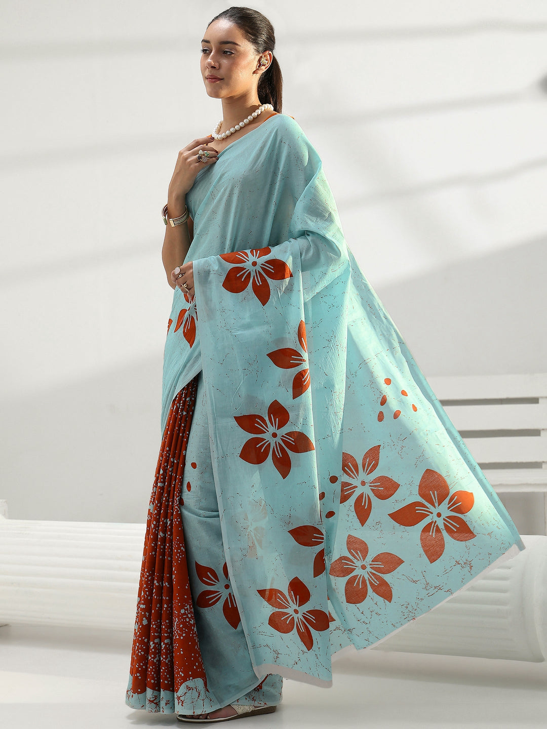 Blue Floral Printed Cotton Saree