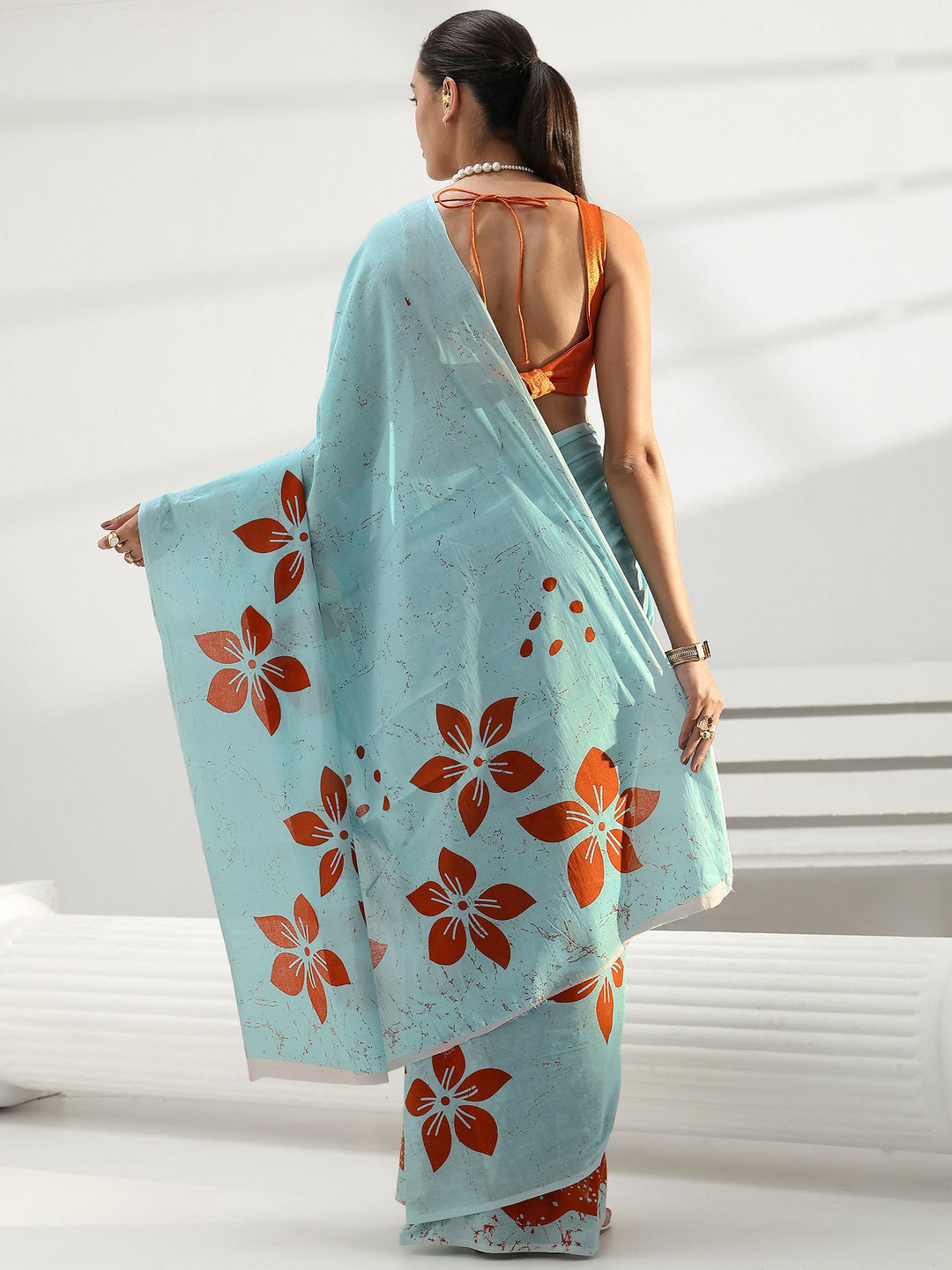 Blue Floral Printed Cotton Saree