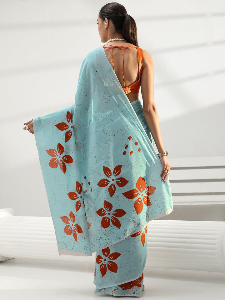 Blue Floral Printed Cotton Saree