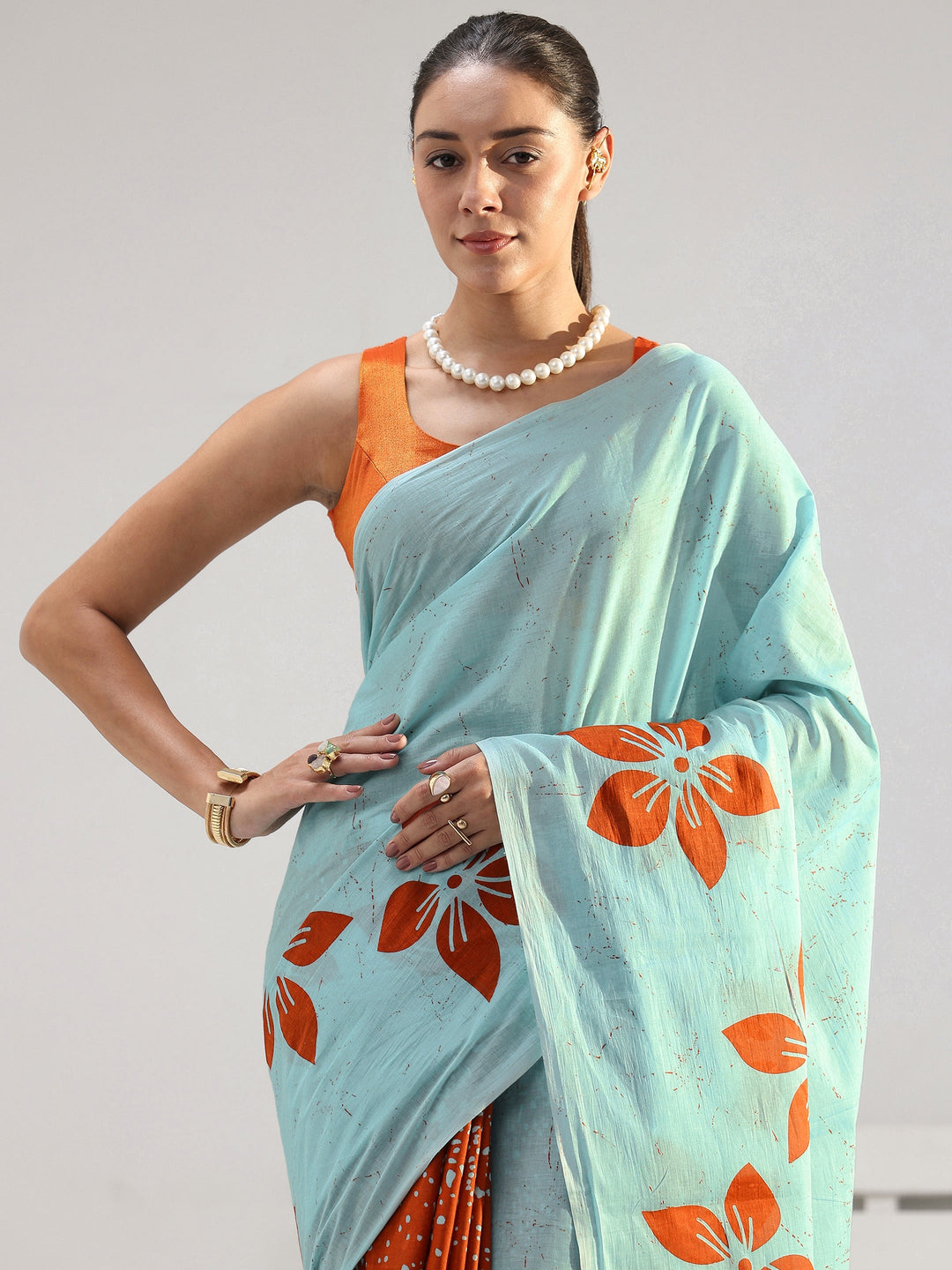 Blue Floral Printed Cotton Saree