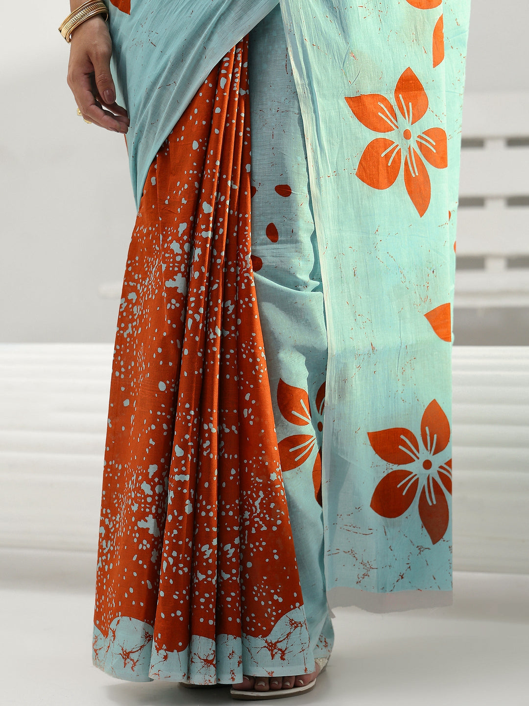 Blue Floral Printed Cotton Saree
