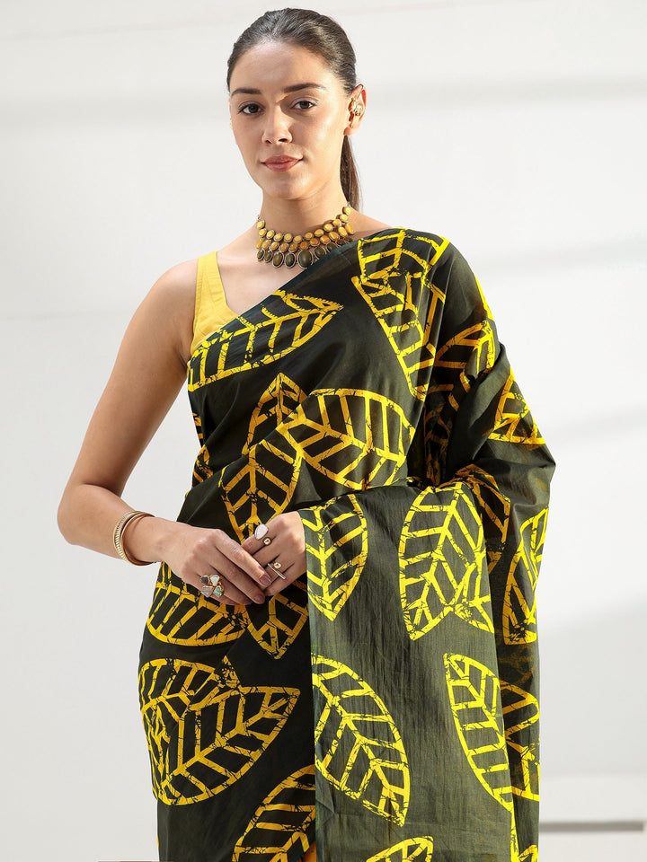 Green Floral Printed Cotton Saree