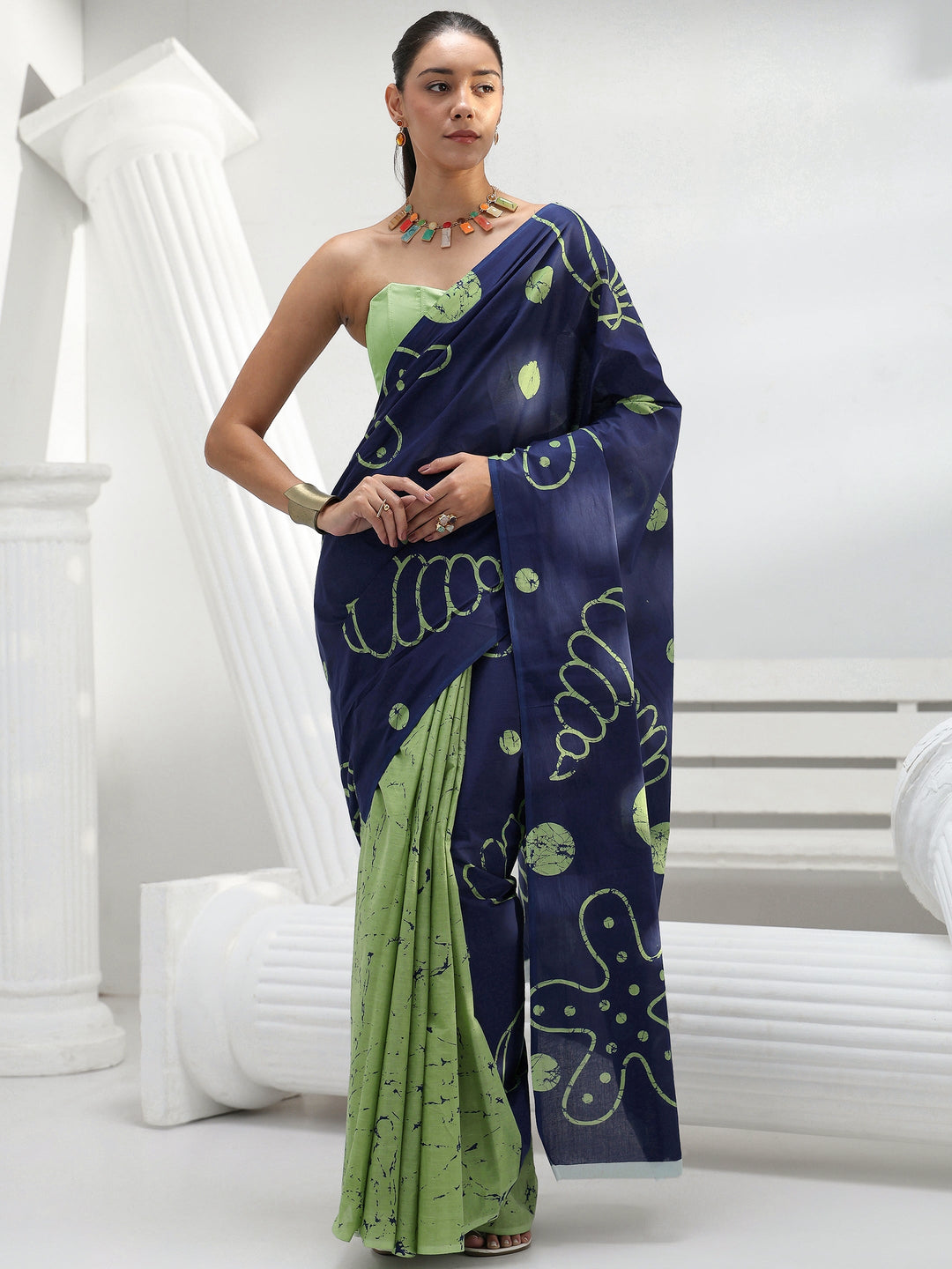 Blue Floral Printed Cotton Saree