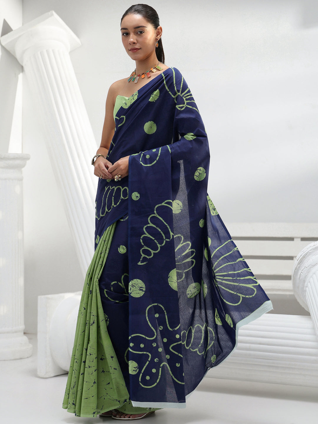 Blue Floral Printed Cotton Saree