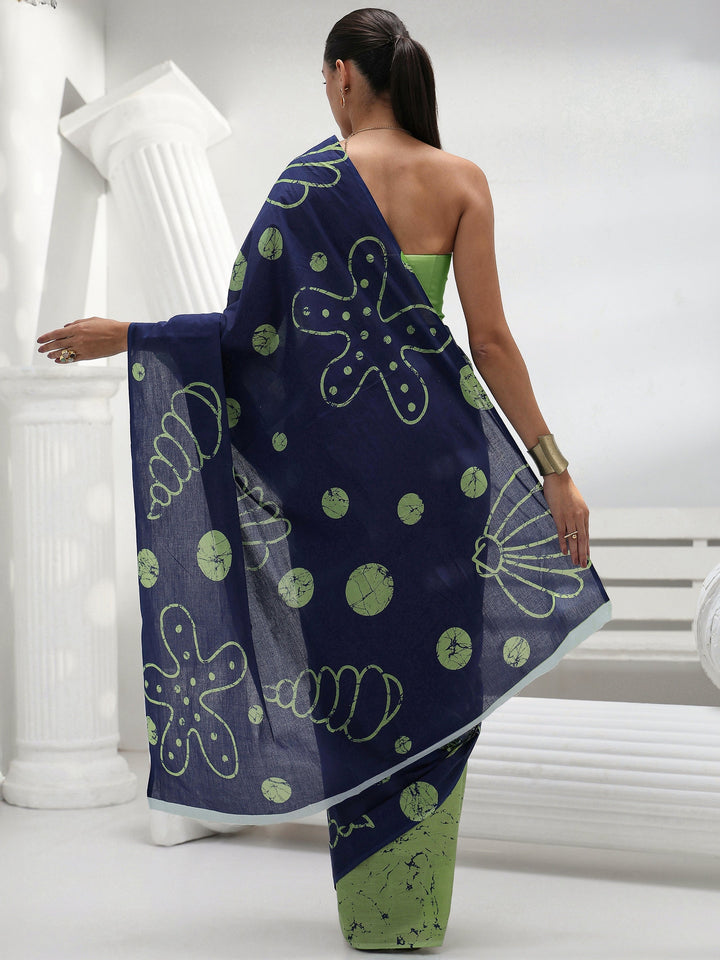 Blue Floral Printed Cotton Saree
