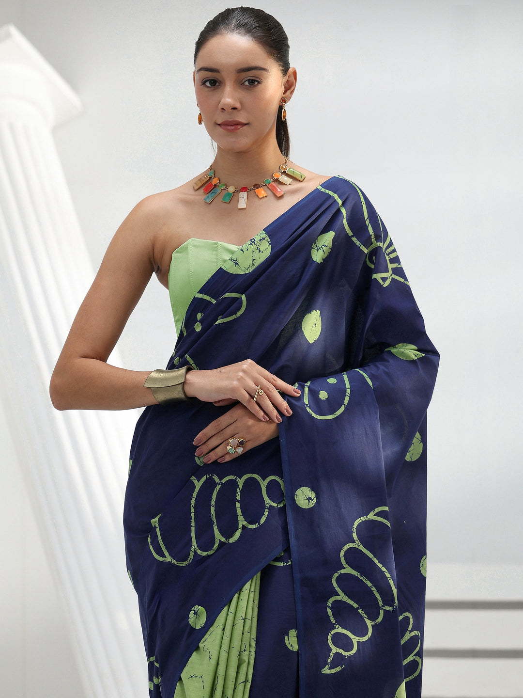 Blue Floral Printed Cotton Saree