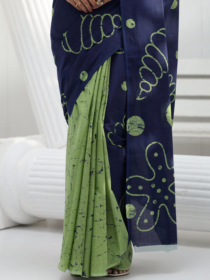 Blue Floral Printed Cotton Saree