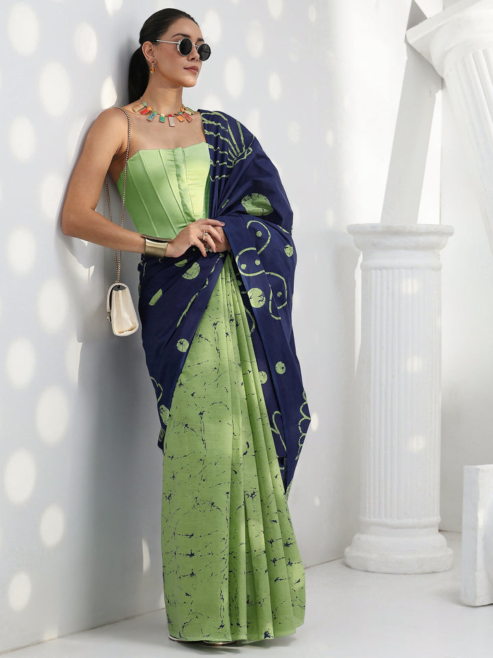 Blue Floral Printed Cotton Saree