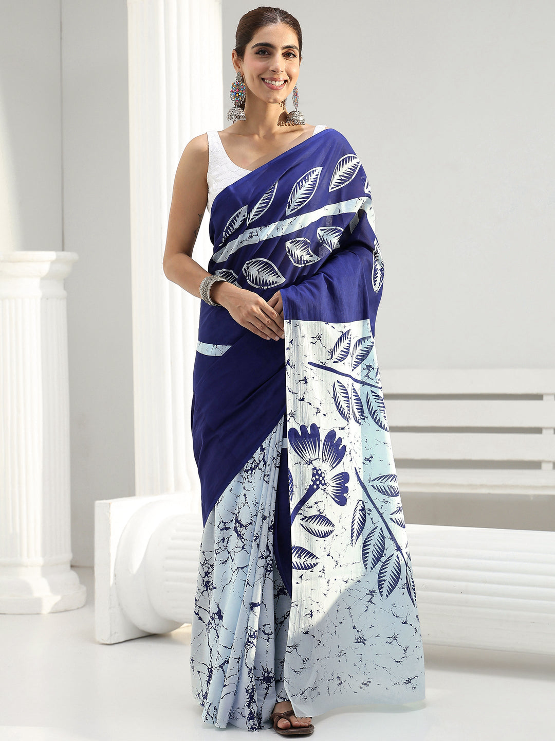 Blue Floral Printed Cotton Saree