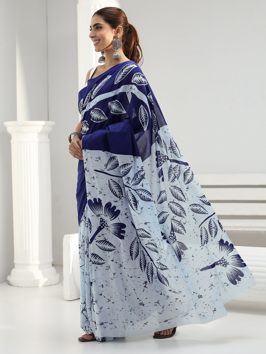 Blue Floral Printed Cotton Saree