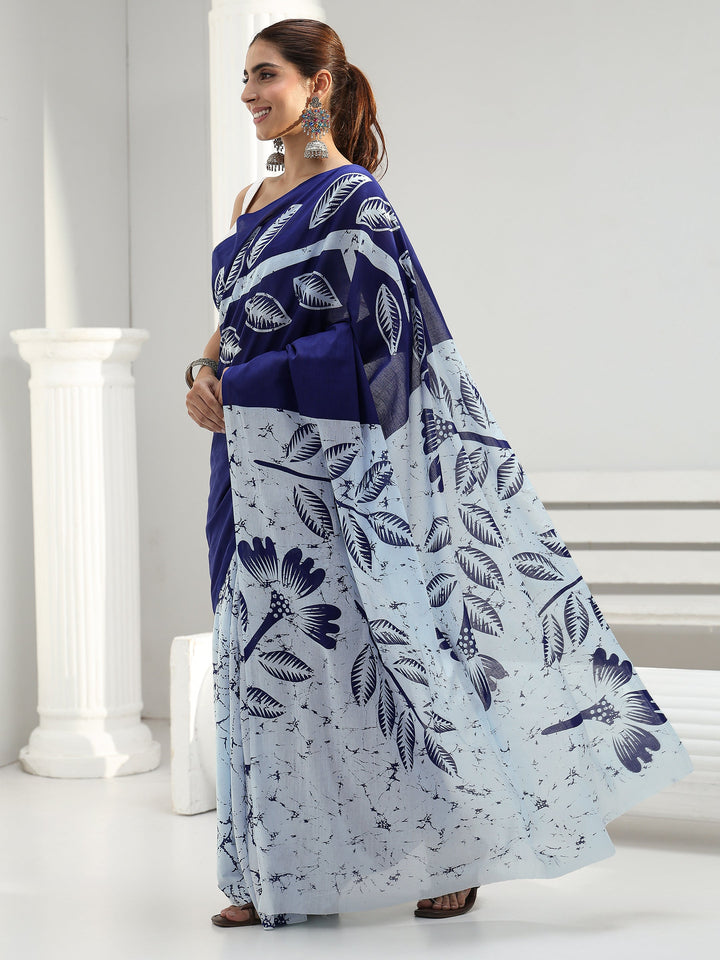 Blue Floral Printed Cotton Saree