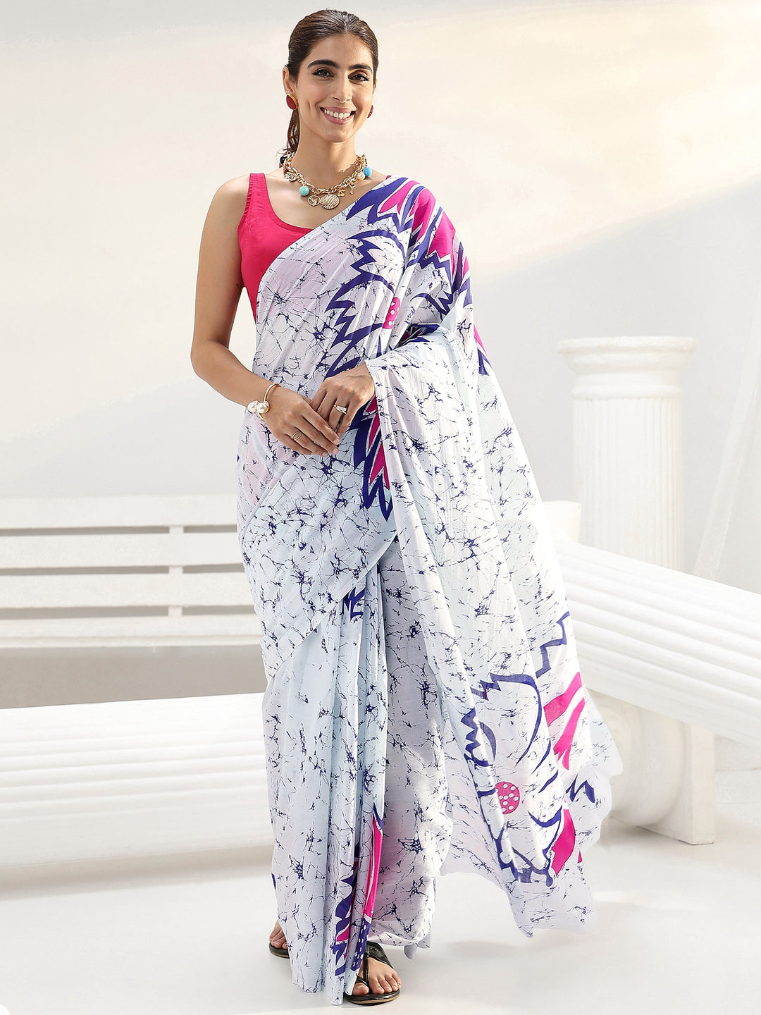 White Floral Printed Cotton saree