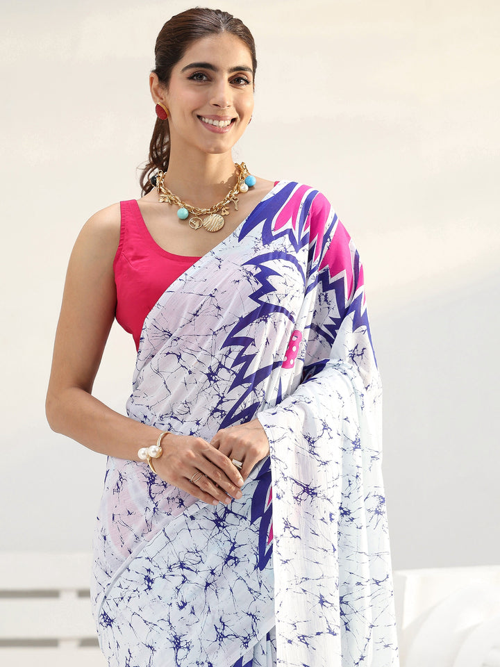 White Floral Printed Cotton saree