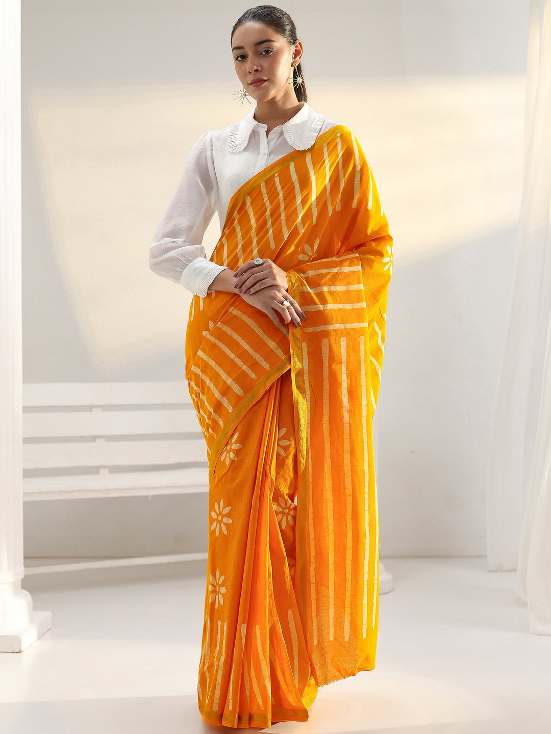 Mustard Floral Printed Cotton saree