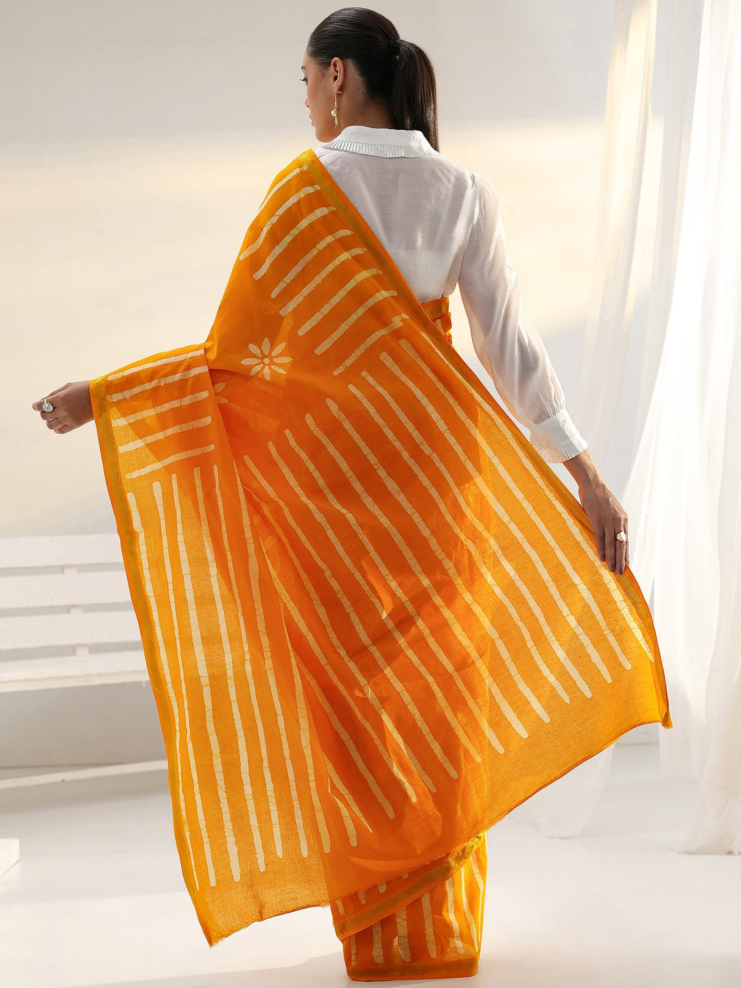 Mustard Floral Printed Cotton saree