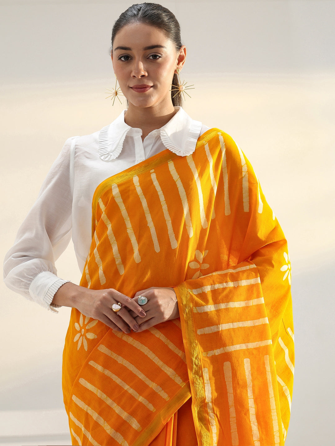 Mustard Floral Printed Cotton saree