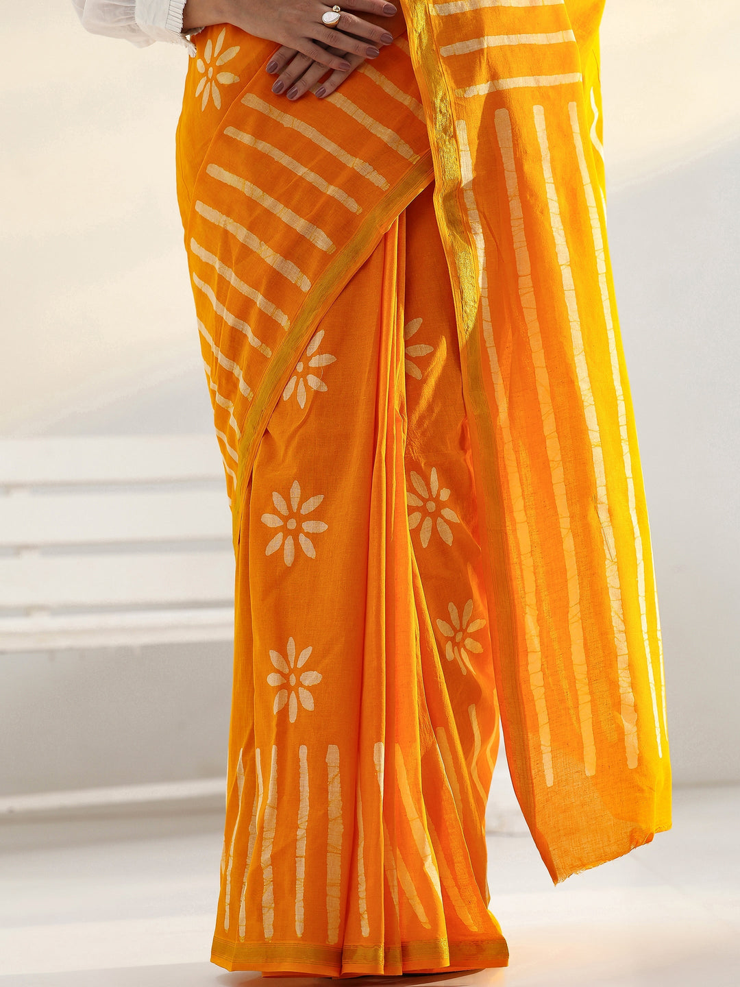 Mustard Floral Printed Cotton saree