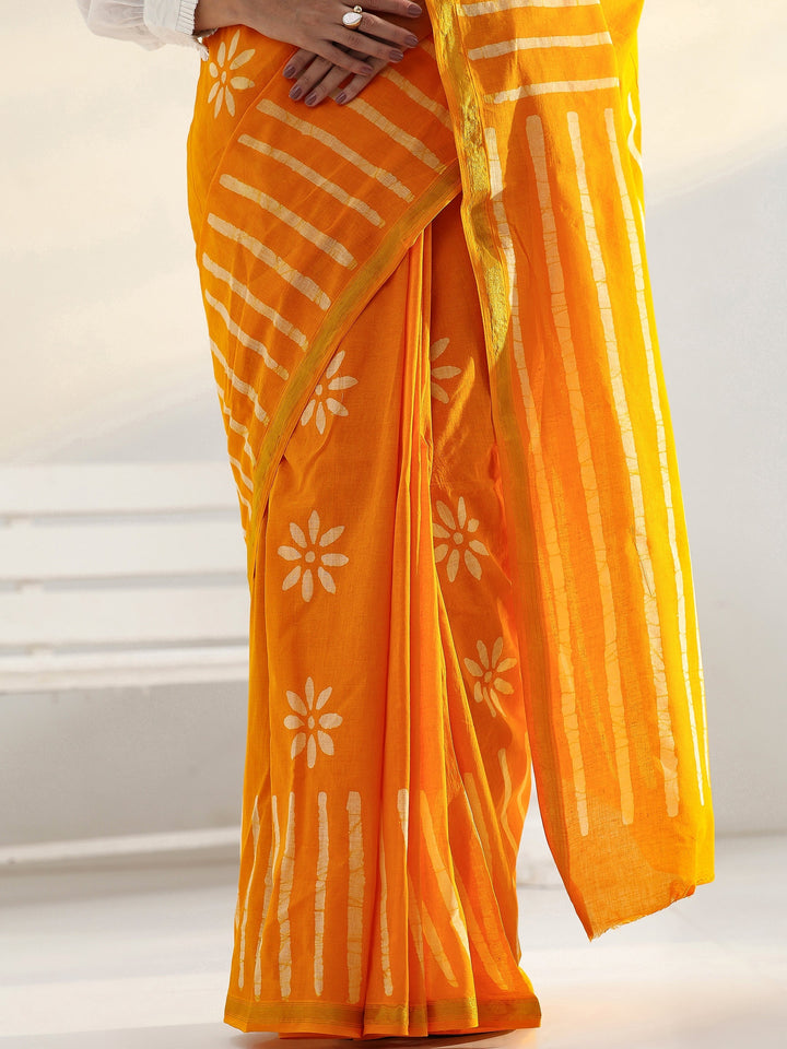 Mustard Floral Printed Cotton saree