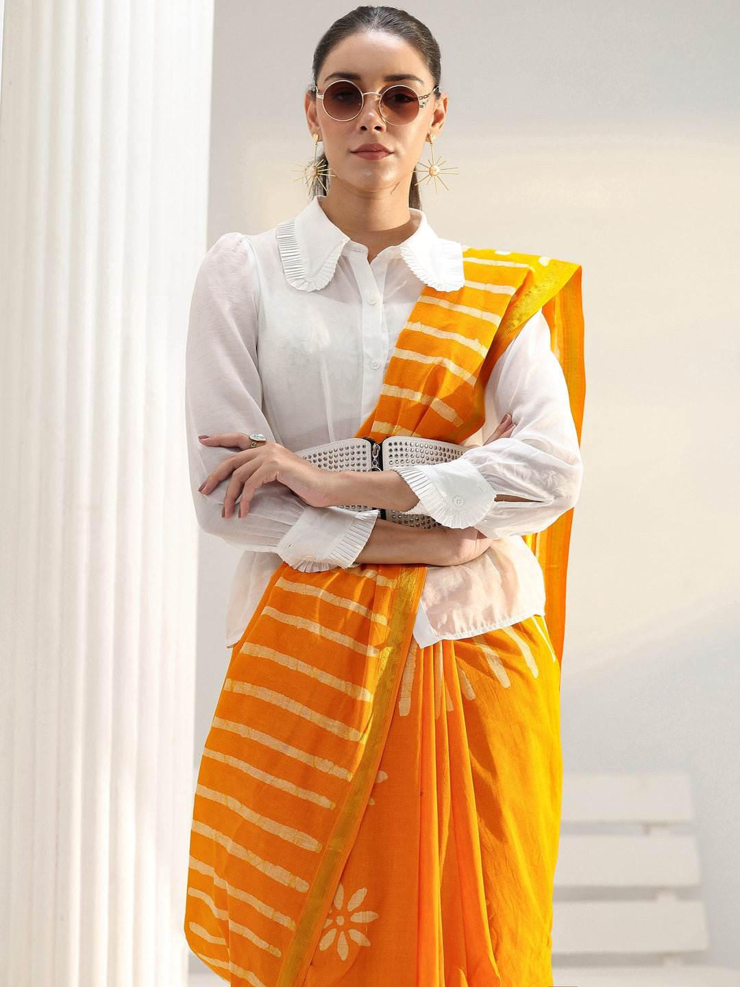 Mustard Floral Printed Cotton saree