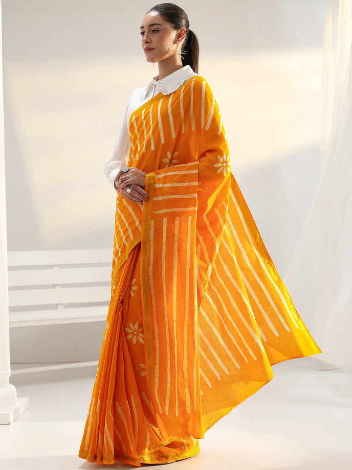 Mustard Floral Printed Cotton saree