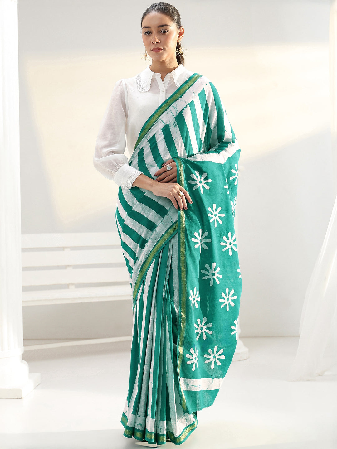 Green Floral Printed Cotton saree