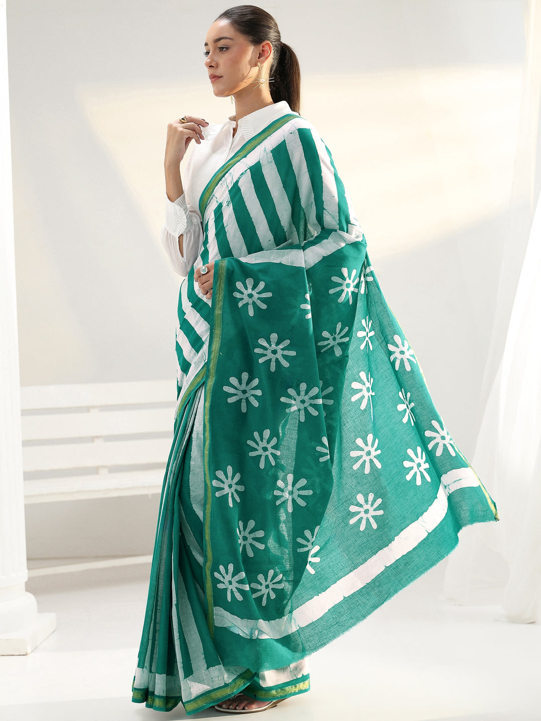 Green Floral Printed Cotton saree
